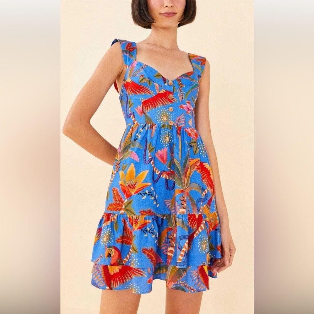 FARM RIO 100%Cotton Macaw Tropical Blue Floral Party Mini Dress Size XS